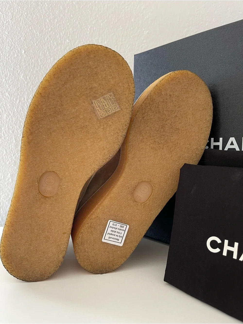CHANEL Tan Suede Wedge Ankle Booties with Gold Logo